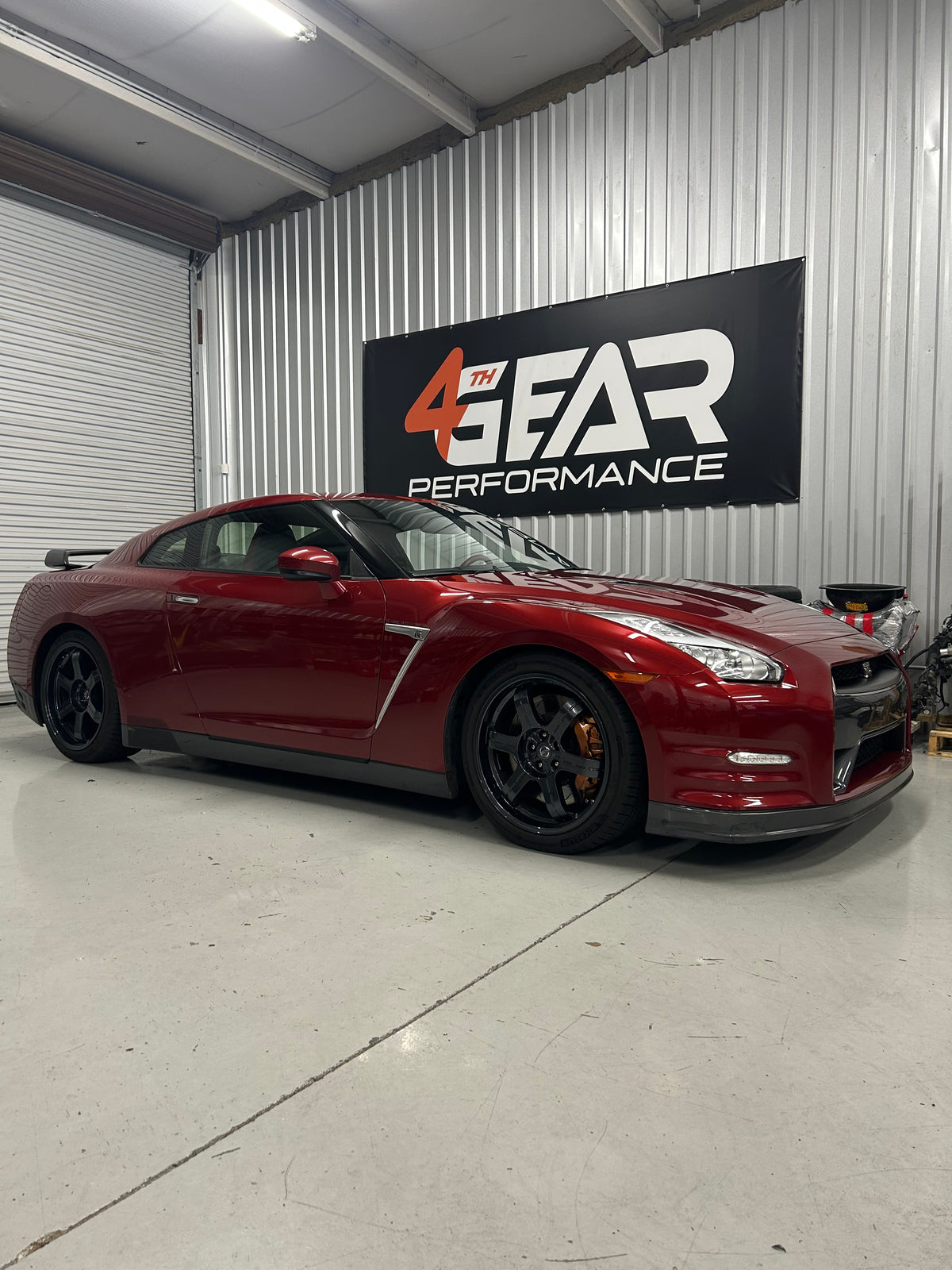 Red R35 Nissan GT-R inside the 4th Gear Performance workshop