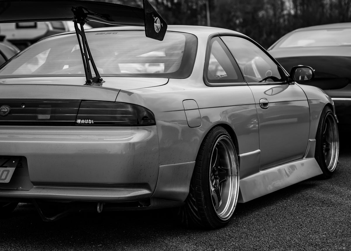 Rear view of a modified S14, showing this vehicle’s body and wheel setup