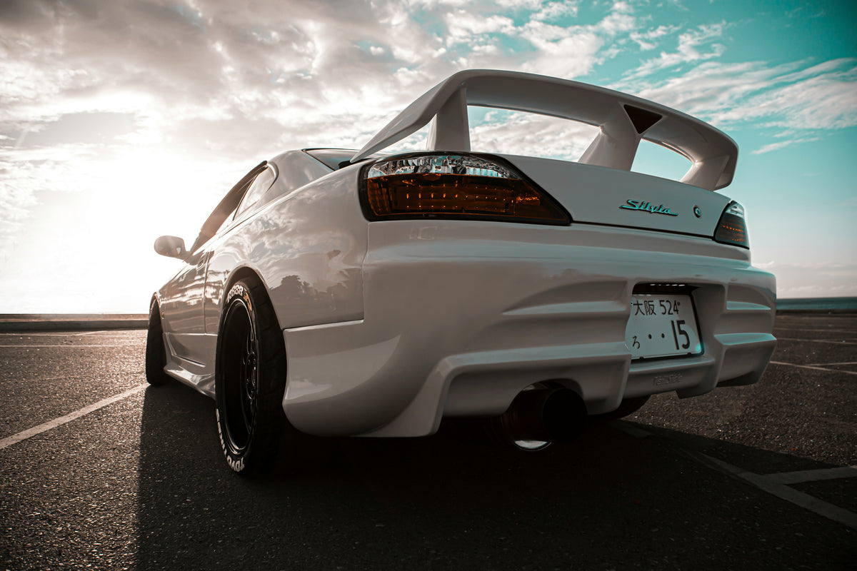 Rear view of a Nissan S15, showing this individual vehicle’s exterior setup